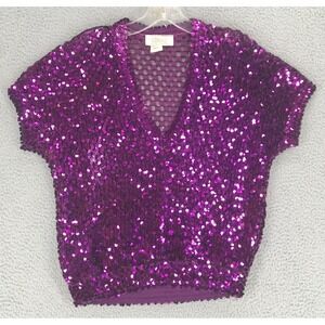 B Altman Co New York Sequined Mesh Party Blouse Top Size L Cap Sleeve Purple